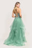 Mint green prom dress with intricate back design on a white background