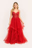 Woman wearing a red lace Ballgown dress with a white background