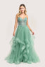 Woman wearing a mint green Ballgown with beaded top on a white background
