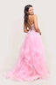 Woman wearing a pink Ballgown with a white background
