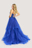Woman wearing a blue Ballgown prom dress with a lace-up back on a white background