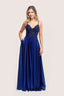 Navy blue fitted prom dress 2026 with lace bodice and flowing skirt