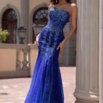 Stunning Los Angeles Blue Mermaid Prom Dress Elegant Strapless Dress in Royal Blue with Embroidery and a Tulle Skirt.