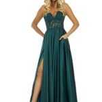 Lace Bodice Prom Dress featuring elegant floral design and flowing skirt in soft pink, perfect for formal events.